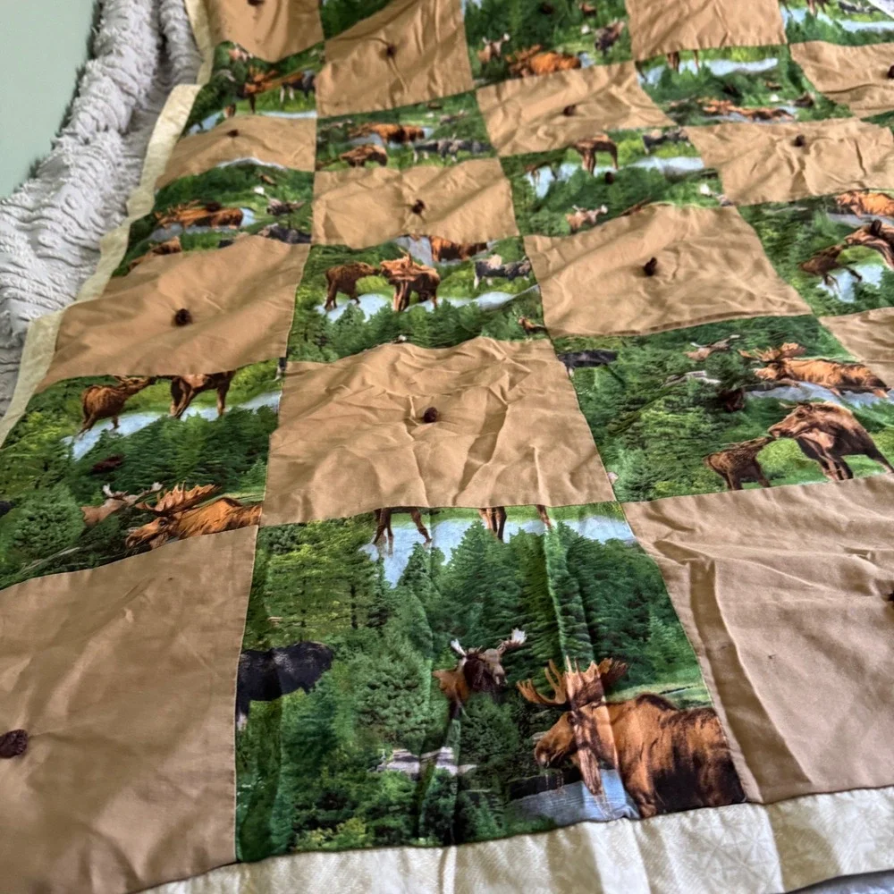 Handmade Vintage Moose Patchwork Quilt Blanket Brown Green Rustic Cabin Lodge